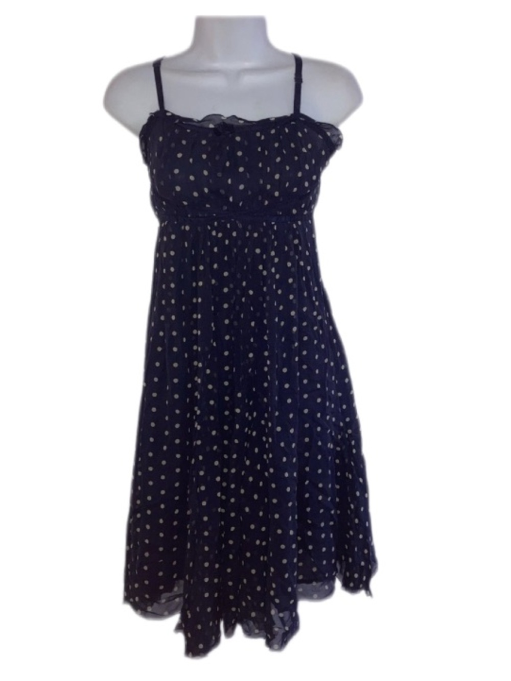 Vision Apparel Navy Blue Tan Polka Dot Silk Sleeveless Dress 8